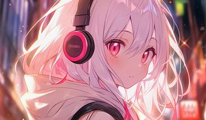 Preview wallpaper girl, headphones, anime, pink, art