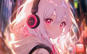 Preview wallpaper girl, headphones, anime, pink, art