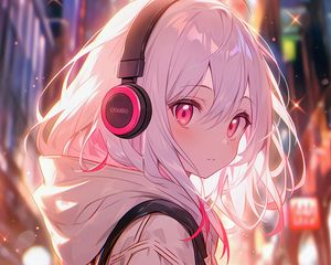 Preview wallpaper girl, headphones, anime, pink, art