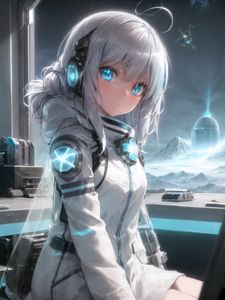 Preview wallpaper girl, headphones, astronaut, anime