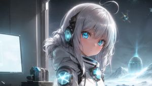 Preview wallpaper girl, headphones, astronaut, anime