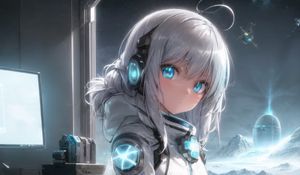 Preview wallpaper girl, headphones, astronaut, anime