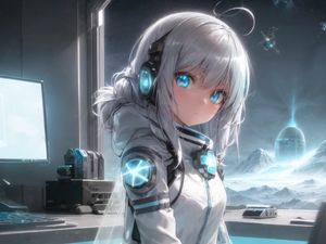 Preview wallpaper girl, headphones, astronaut, anime