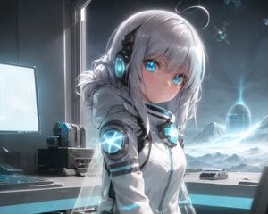 Preview wallpaper girl, headphones, astronaut, anime