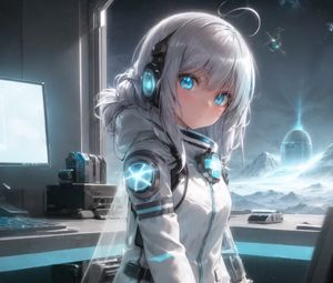 Preview wallpaper girl, headphones, astronaut, anime