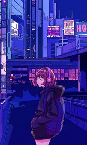 Preview wallpaper girl, headphones, city, anime, art, cartoon