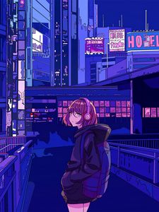 Preview wallpaper girl, headphones, city, anime, art, cartoon