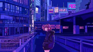 Preview wallpaper girl, headphones, city, anime, art, cartoon