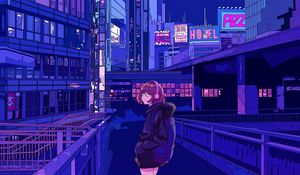 Preview wallpaper girl, headphones, city, anime, art, cartoon