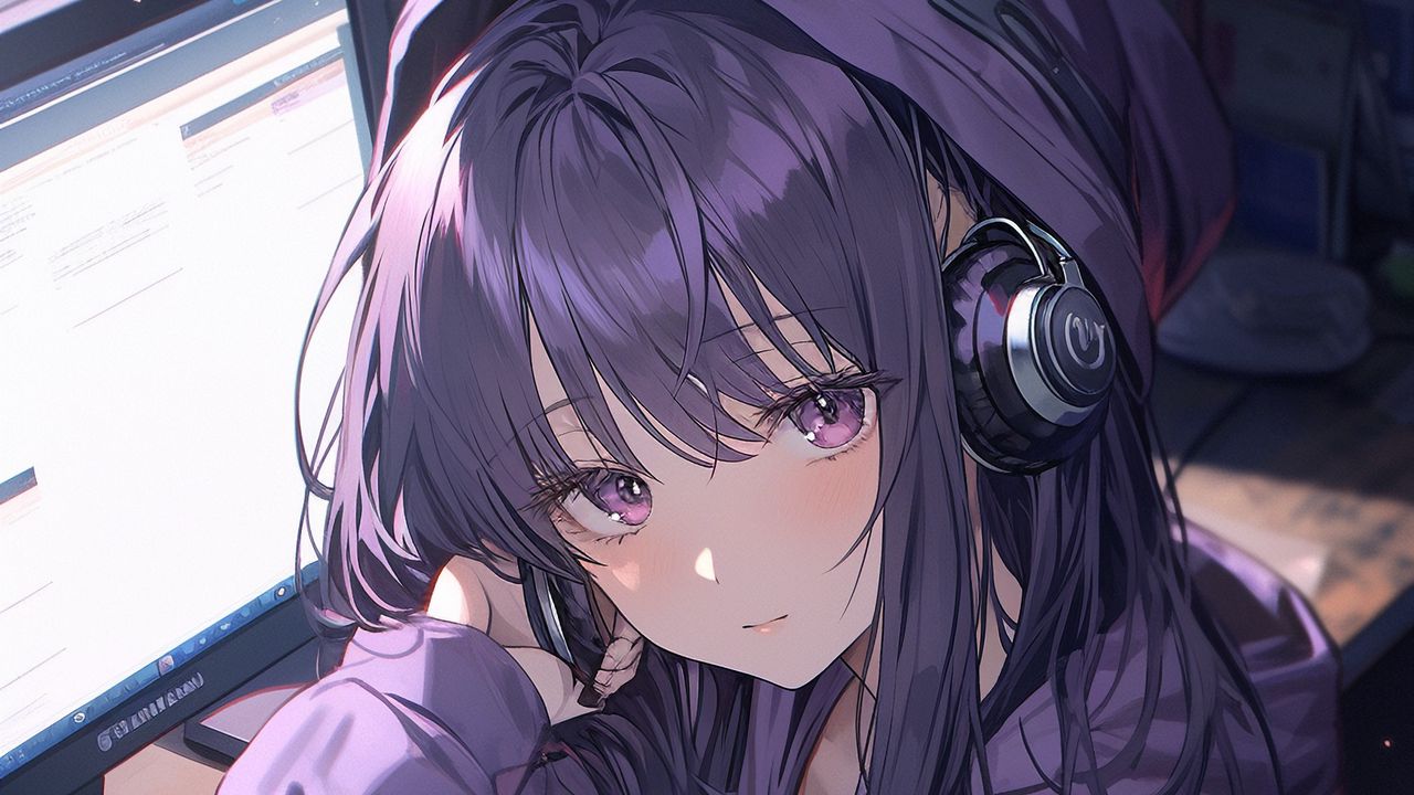 anime girl with headphones and purple hair