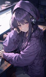 Preview wallpaper girl, headphones, computer, anime