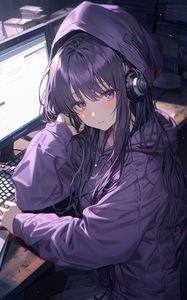 Preview wallpaper girl, headphones, computer, anime