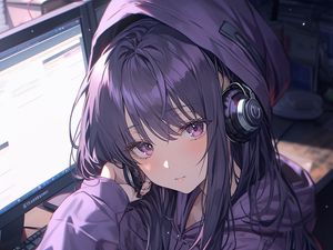 Preview wallpaper girl, headphones, computer, anime