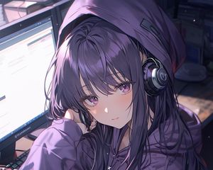 Preview wallpaper girl, headphones, computer, anime