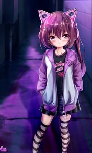 Preview wallpaper girl, headphones, ears, anime, art, purple