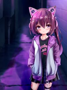Preview wallpaper girl, headphones, ears, anime, art, purple