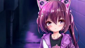 Preview wallpaper girl, headphones, ears, anime, art, purple