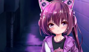 Preview wallpaper girl, headphones, ears, anime, art, purple