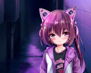 Preview wallpaper girl, headphones, ears, anime, art, purple