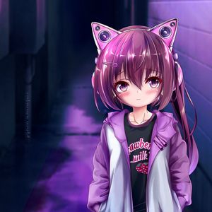 Preview wallpaper girl, headphones, ears, anime, art, purple