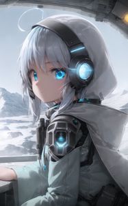 Preview wallpaper girl, headphones, hood, light, anime