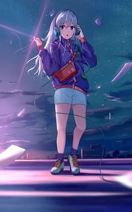 Preview wallpaper girl, headphones, jacket, music, anime