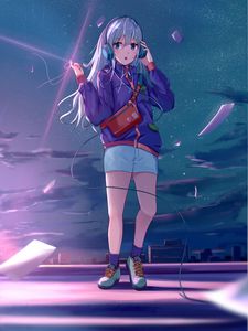 Preview wallpaper girl, headphones, jacket, music, anime