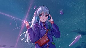 Preview wallpaper girl, headphones, jacket, music, anime