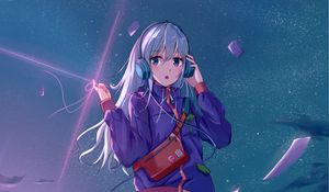 Preview wallpaper girl, headphones, jacket, music, anime