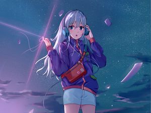 Preview wallpaper girl, headphones, jacket, music, anime