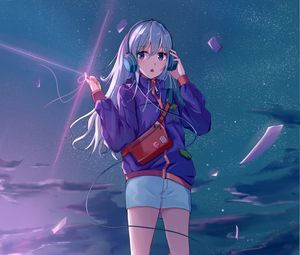 Preview wallpaper girl, headphones, jacket, music, anime