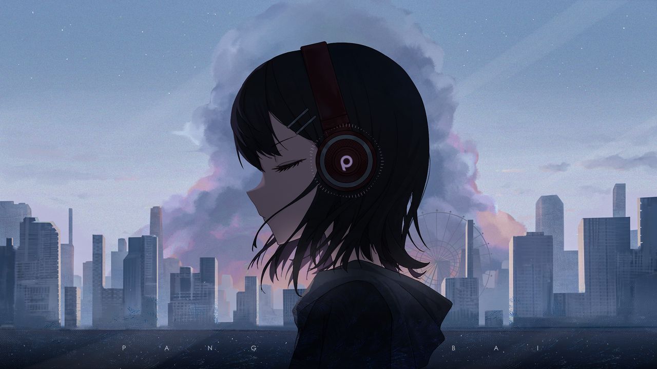 Wallpaper girl, headphones, music, anime, art