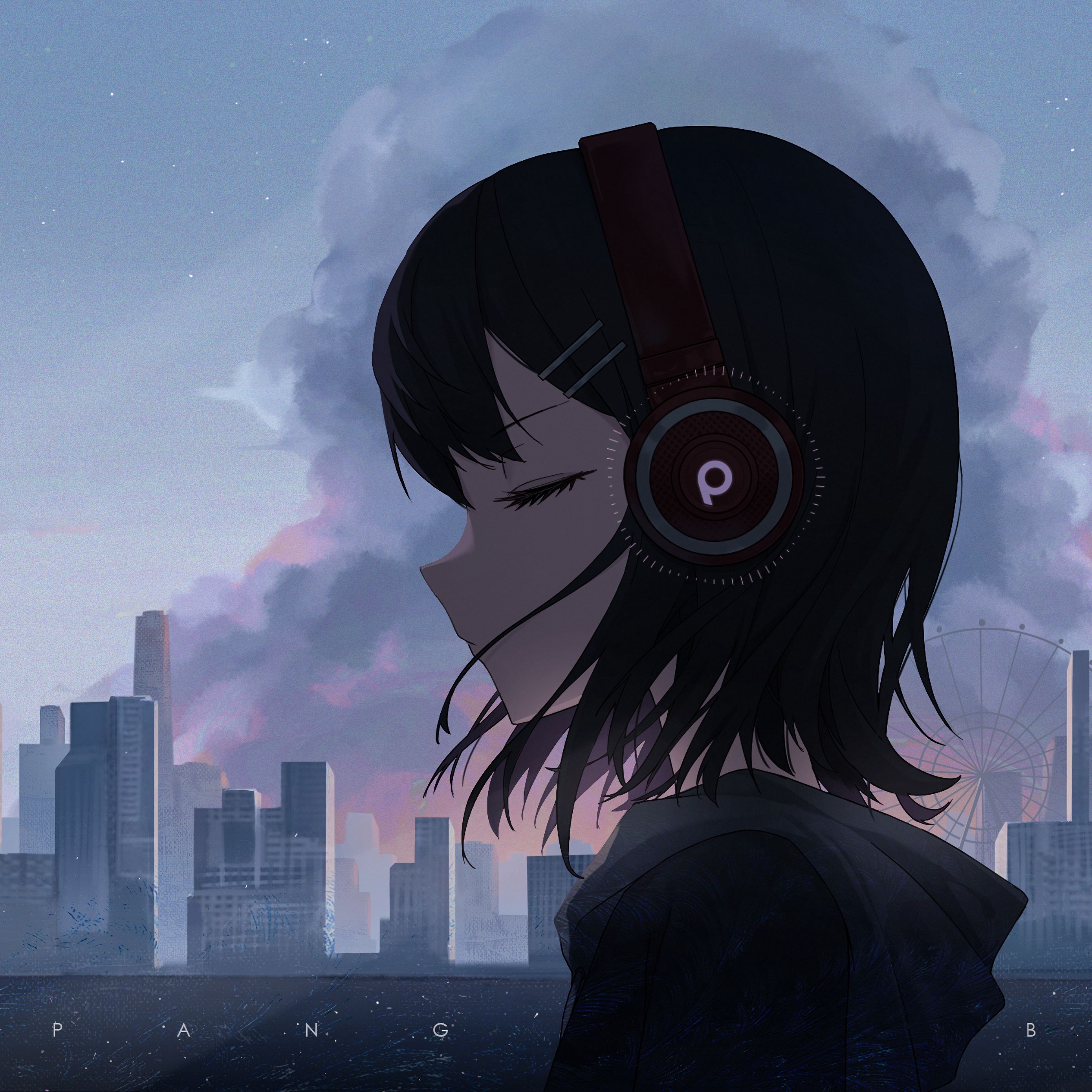 Anime Girl with Headphones and Cat · Creative Fabrica