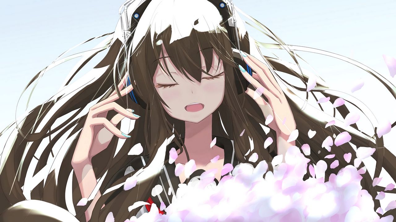 Wallpaper girl, headphones, petals, music, anime