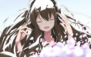 Preview wallpaper girl, headphones, petals, music, anime
