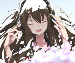 Preview wallpaper girl, headphones, petals, music, anime