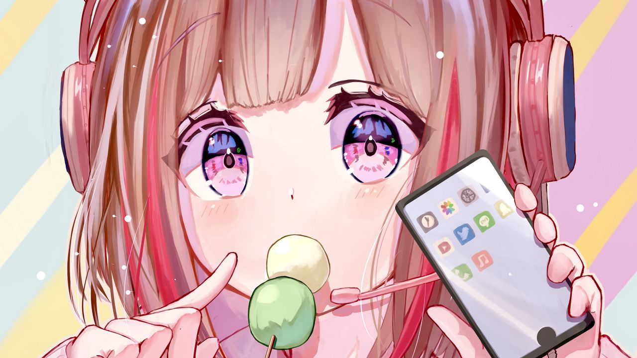 Wallpaper girl, headphones, phone, candy, pink, anime