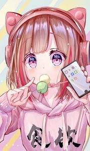 Preview wallpaper girl, headphones, phone, candy, pink, anime