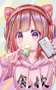 Preview wallpaper girl, headphones, phone, candy, pink, anime