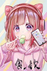 Preview wallpaper girl, headphones, phone, candy, pink, anime