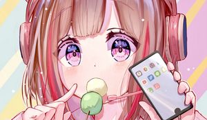 Preview wallpaper girl, headphones, phone, candy, pink, anime