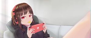 Preview wallpaper girl, headphones, phone, anime