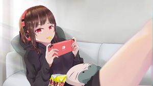 Preview wallpaper girl, headphones, phone, anime