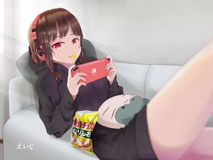 Preview wallpaper girl, headphones, phone, anime