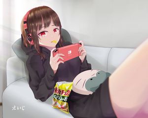 Preview wallpaper girl, headphones, phone, anime