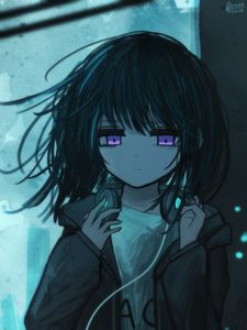 Preview wallpaper girl, headphones, sad, music, anime, art