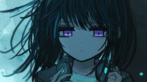 Preview wallpaper girl, headphones, sad, music, anime, art
