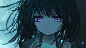 Preview wallpaper girl, headphones, sad, music, anime, art