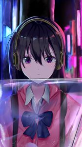 Preview wallpaper girl, headphones, signs, neon, anime
