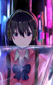 Preview wallpaper girl, headphones, signs, neon, anime